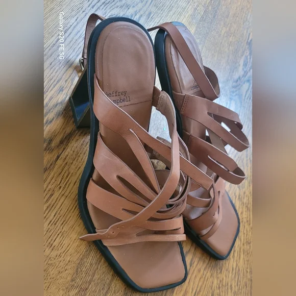 Jeffrey Campbell "Impulsive" Tan Strappy Heels With Bronze Metal Heel - Picture 2 of 8